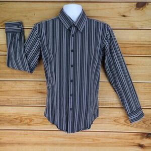7 Diamonds Dress Shirt Men M Gray Black Striped Cotton Point Collar Long Sleeves